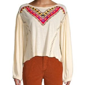FREE PEOPLE Hand Me Down PEASANT TOP, CREAM EMBROIDERED LONG SLEEVE TOP SMOCK M